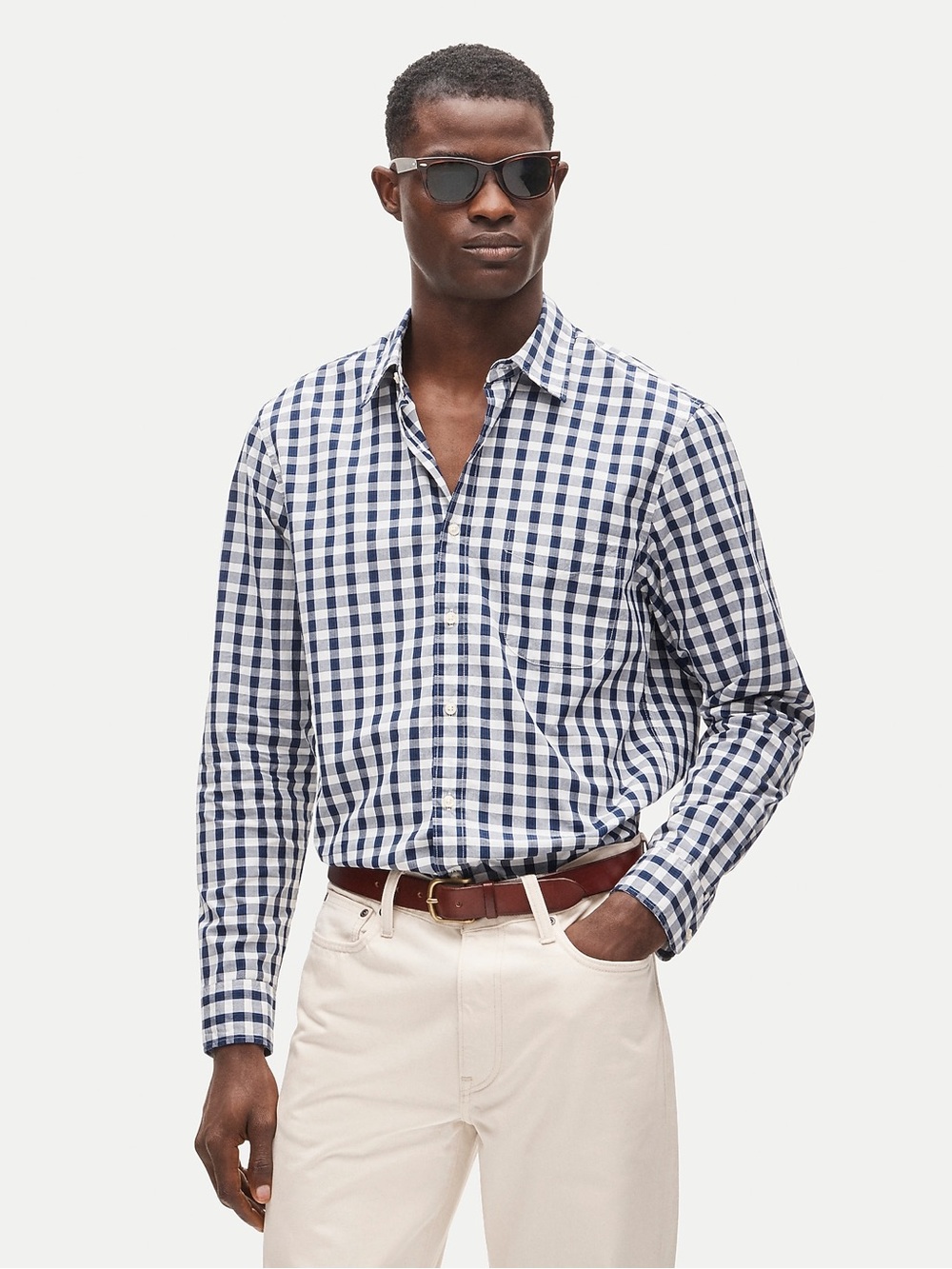 Men's Blue and White Gingham Button-Up Shirt